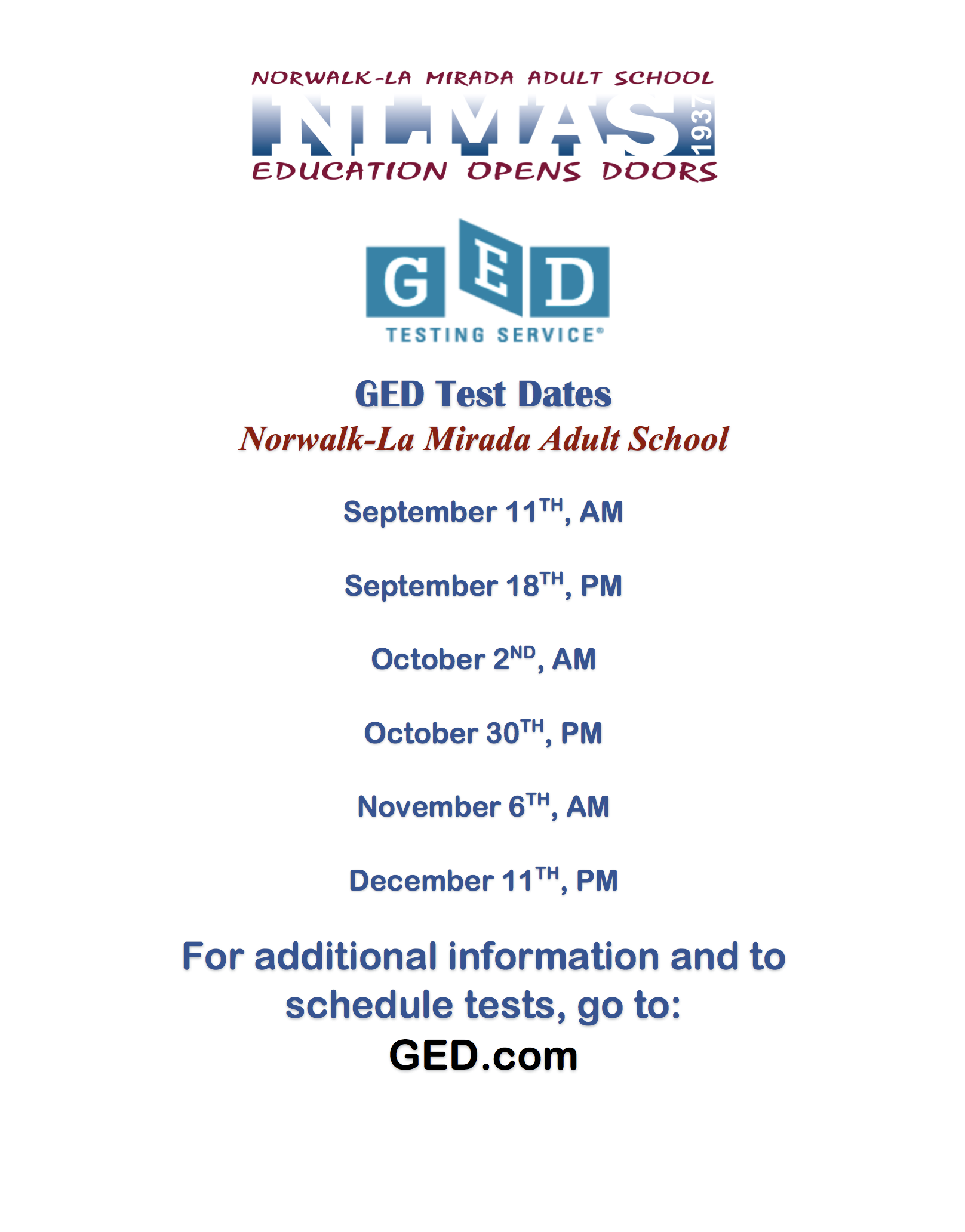 GED Test Dates for Fall 2018