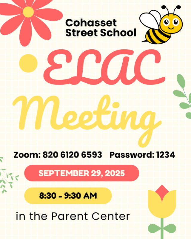 Floral-themed flyer for ELAC meeting on September 29, 2025, at 8:30 am in the Parent Center.