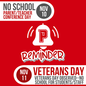 Red background with bell and reminder about no school on Monday or Tuesday