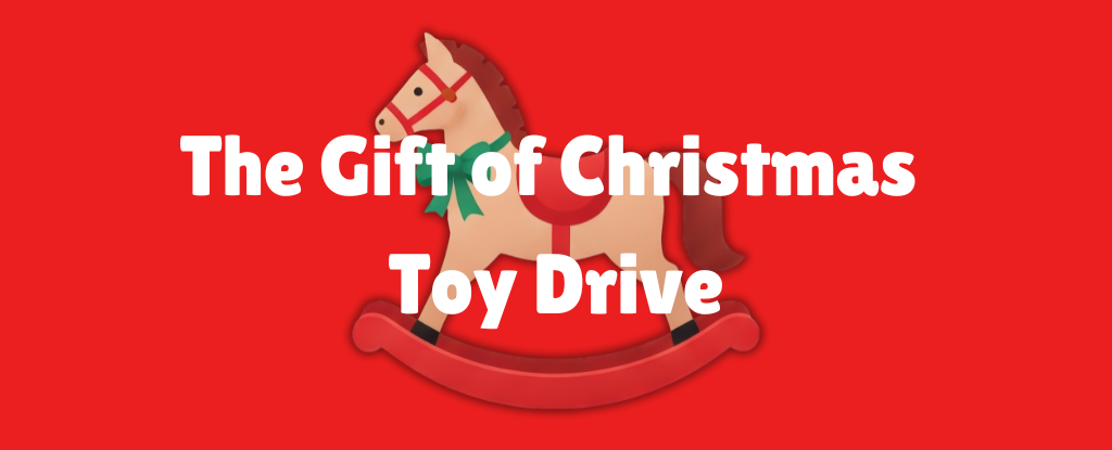 Rocking horse graphic with text for Christmas toy drive.