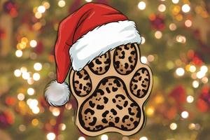 A leopard paw wth a Santa Claus hat on it