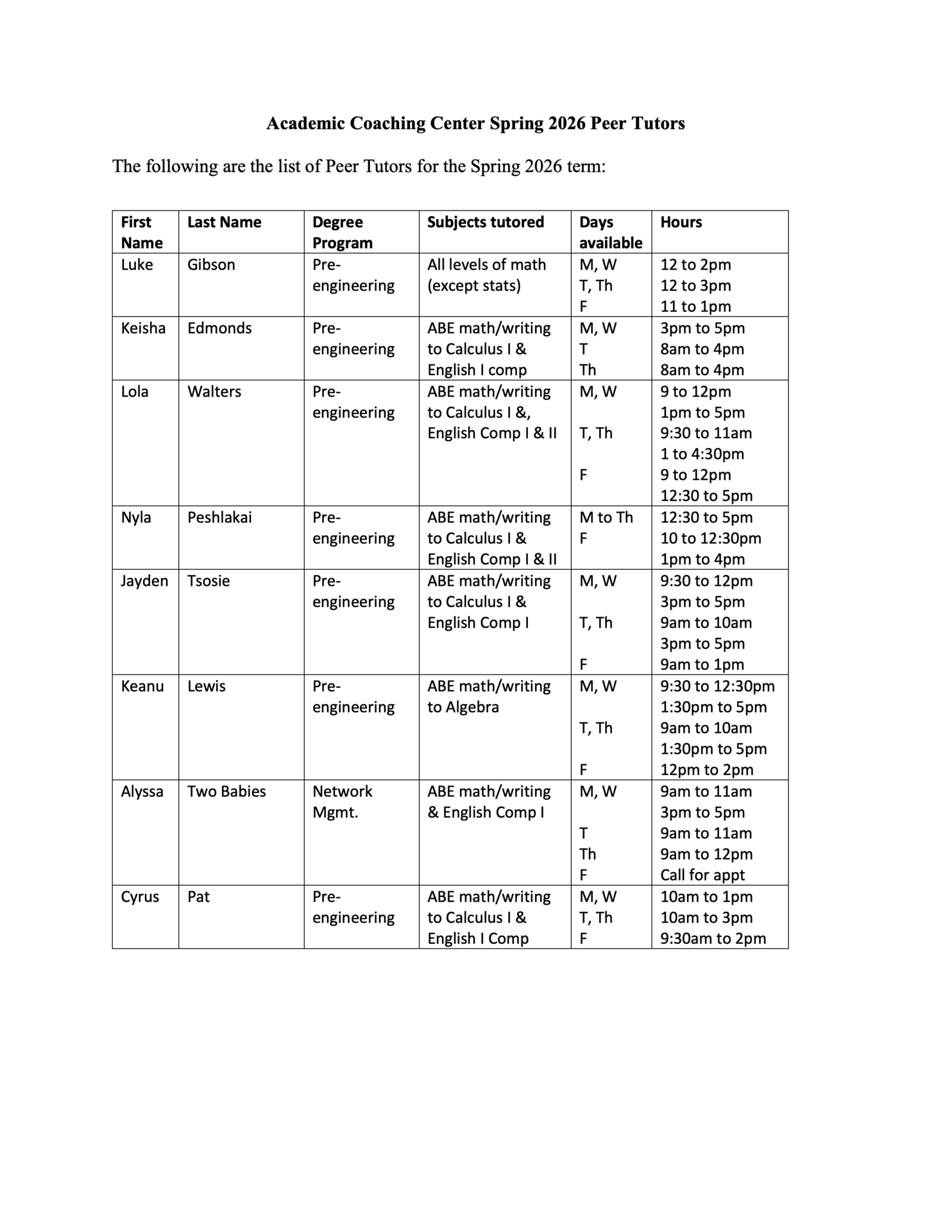 Tutor Schedule