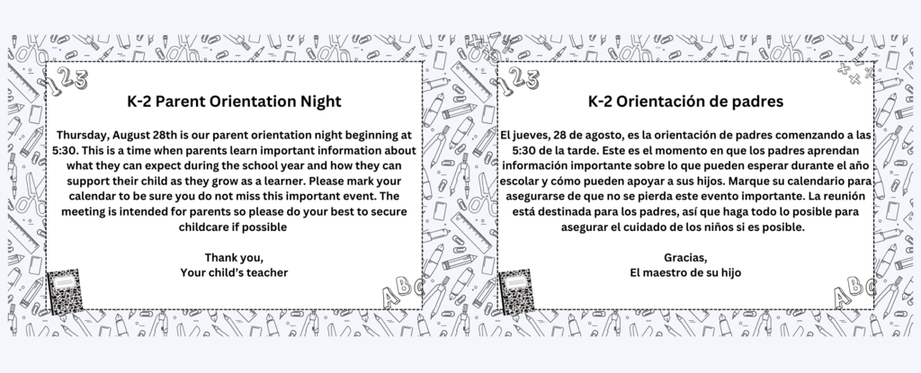 Bilingual announcement for K-2 Parent Orientation Night details.