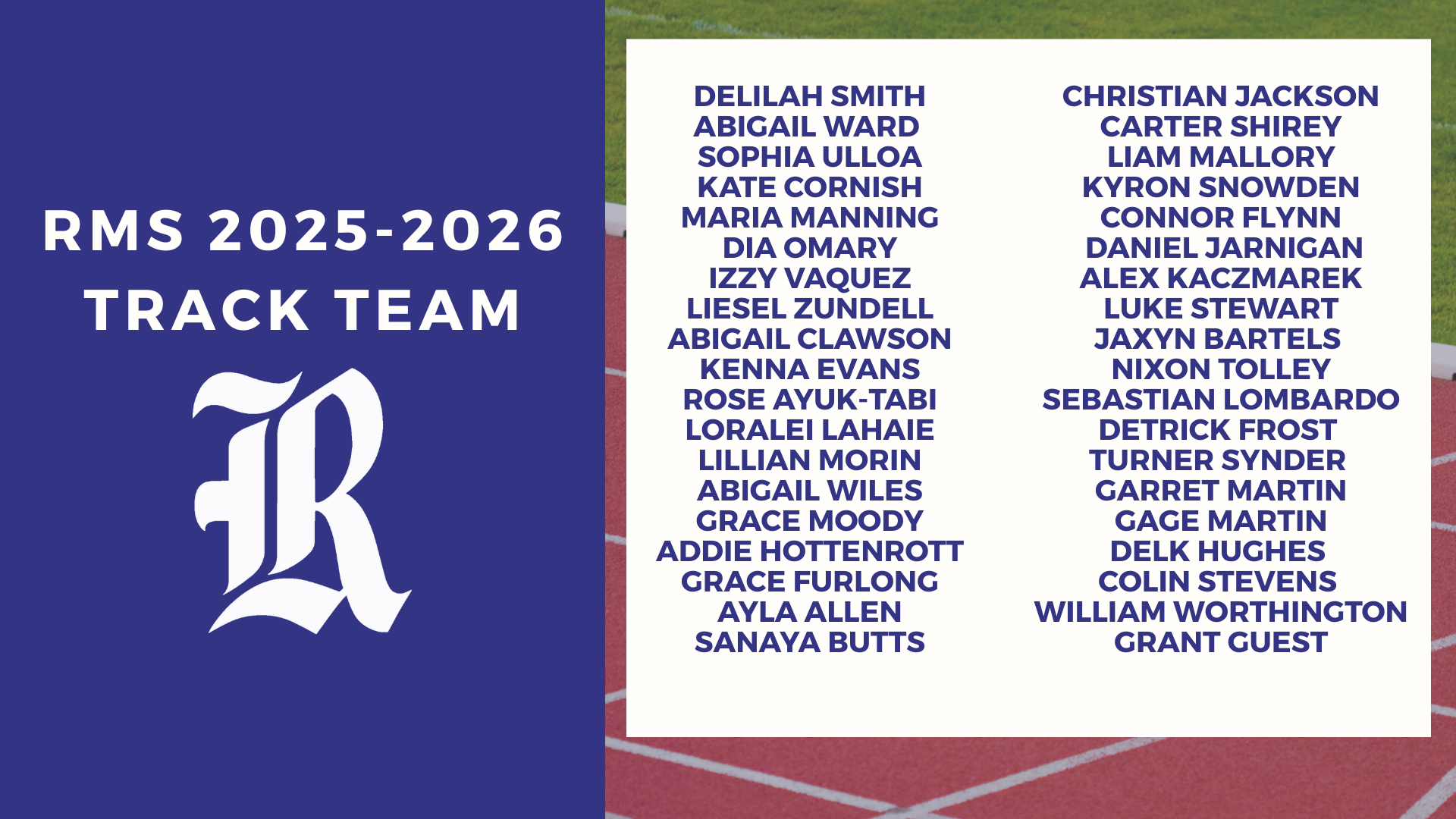 RMS track team roster featuring student names on a sports background.