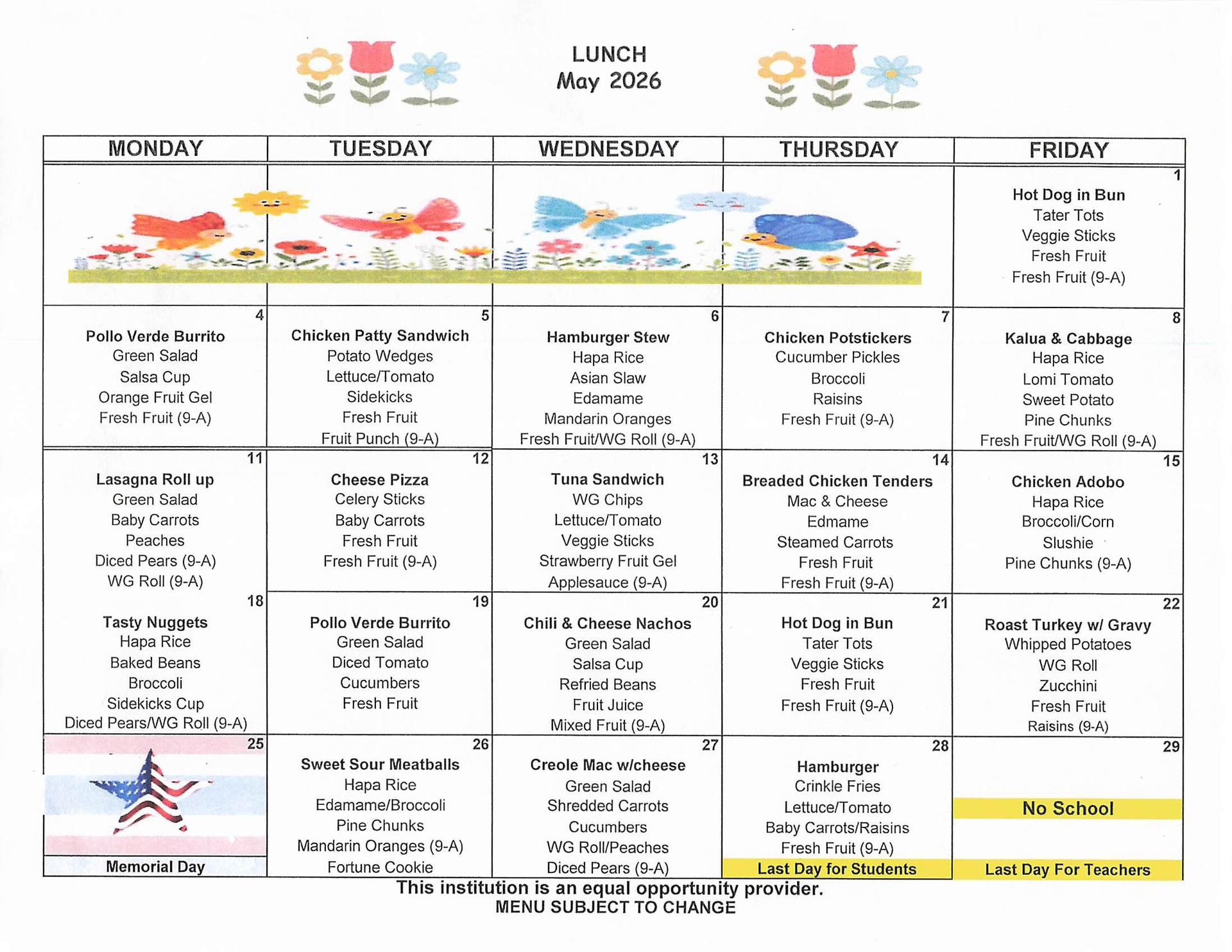 Lunch Menu - May