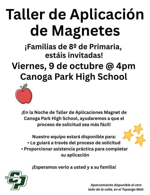 Flyer for Magnet Workshop for parents in Spanish for Friday October 9th