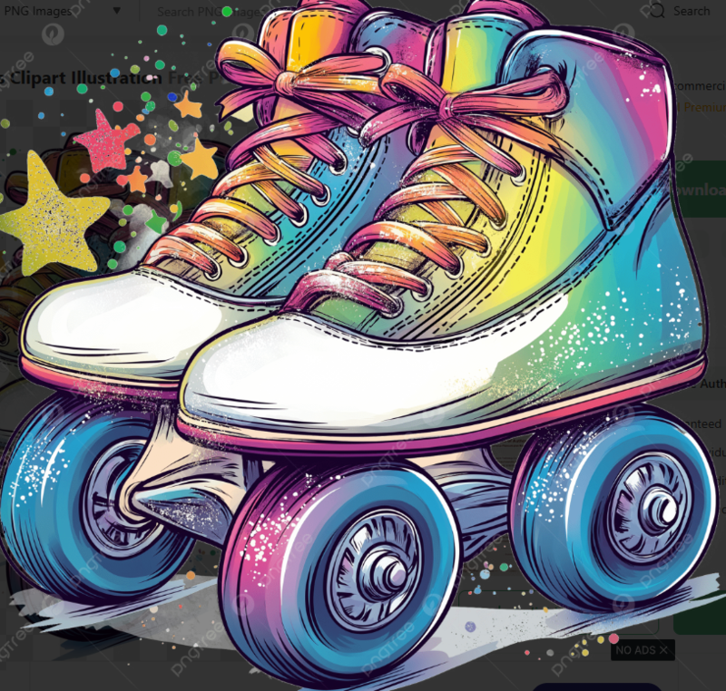 Colorful roller skates with vibrant laces and a bright background of stars.