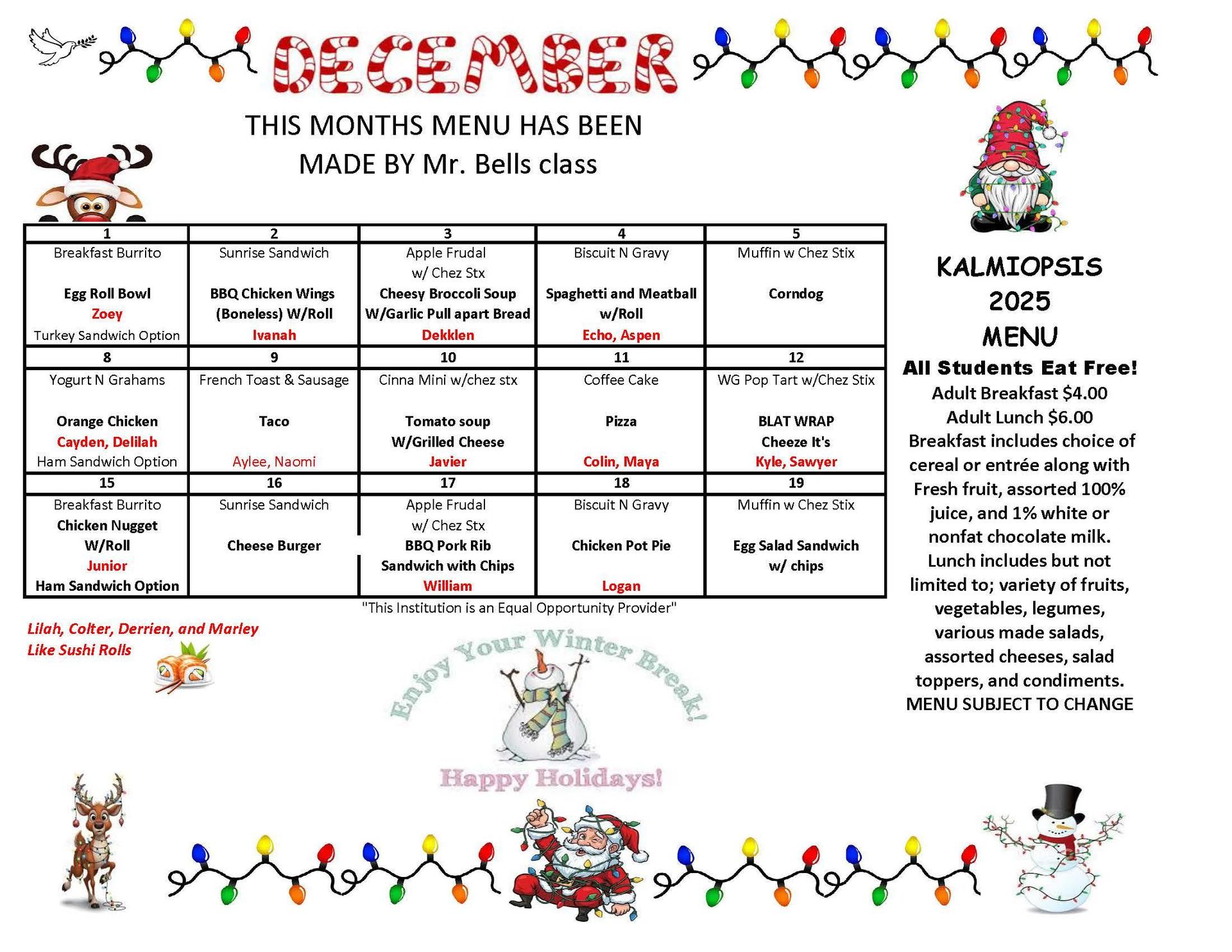 KSchool Menu Dec 2025