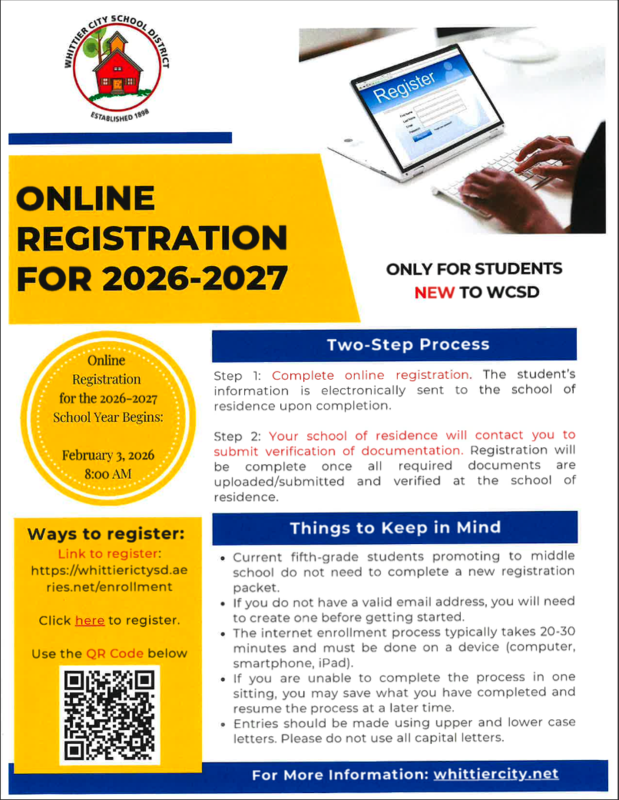 Flyer for 2026-27 student registration in English