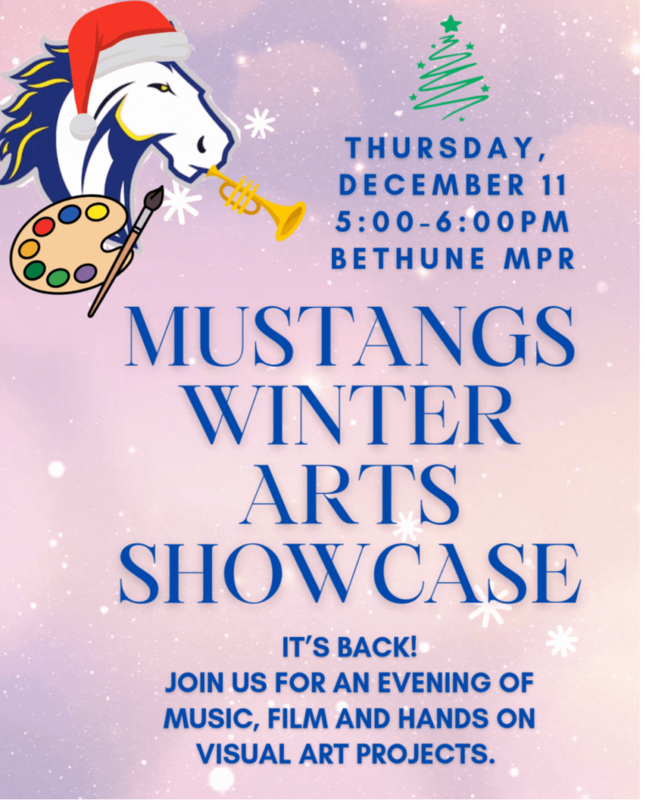 Picture advertising the winter arts showcase on 12/11 at 5:00 pm in the MPR