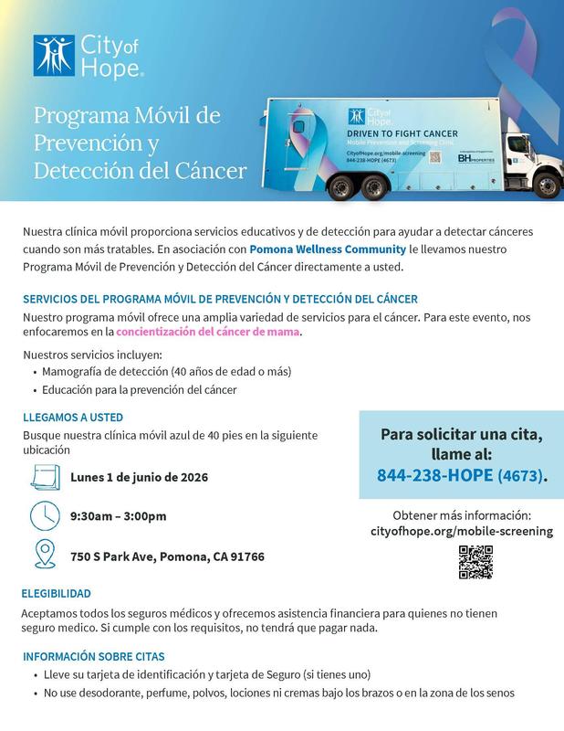Mobile Mammogram Clinic Coming to Pomona June 1 - image for web in Spanish text