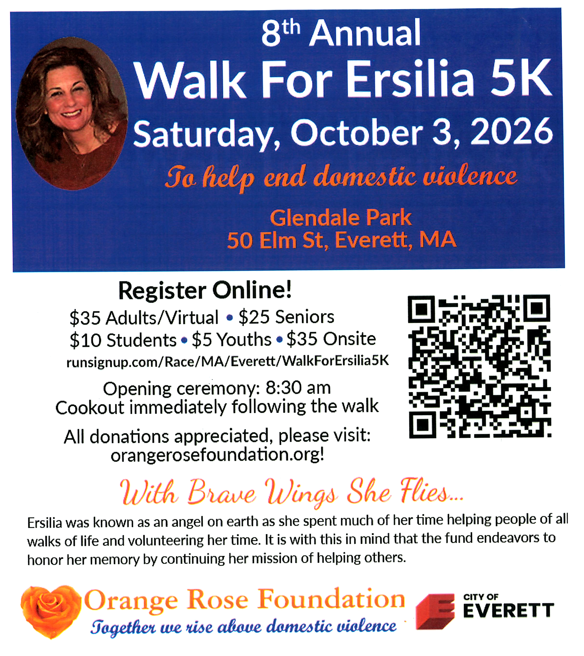 Event flyer for the 8th Annual Walk for Esrilia 5K, featuring details and designs.