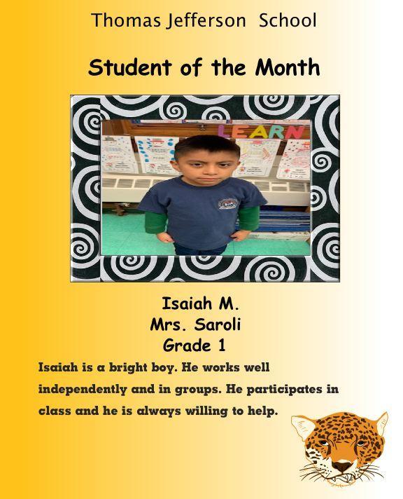 isaiah m. 1st grade student of the month