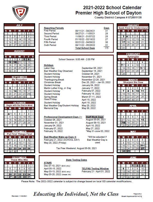 Updated 2021-2022 PHS Dayton Calendar | Premier High School - Dayton Updated 2021-2022 PHS Dayton Calendar | Premier High School - Dayton