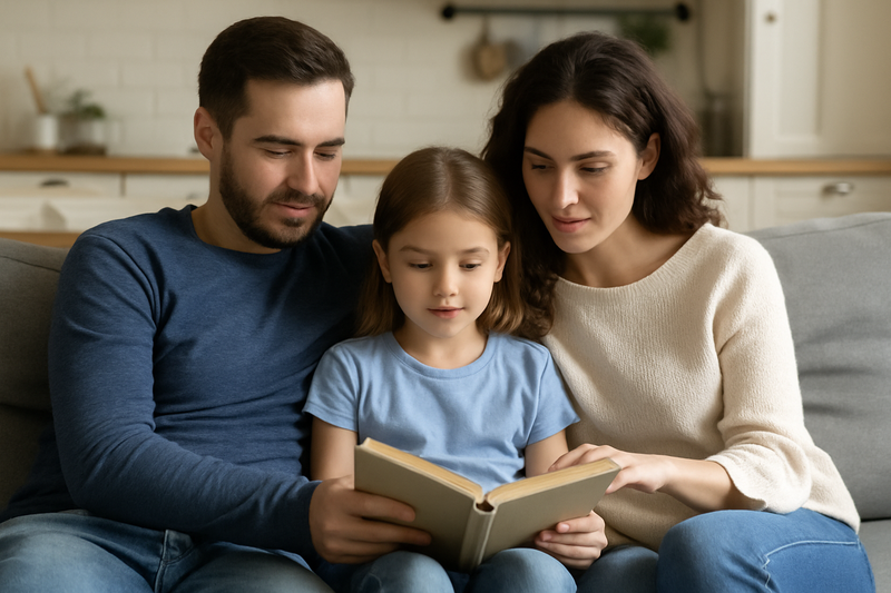 Parents listen as a child reads from a book.