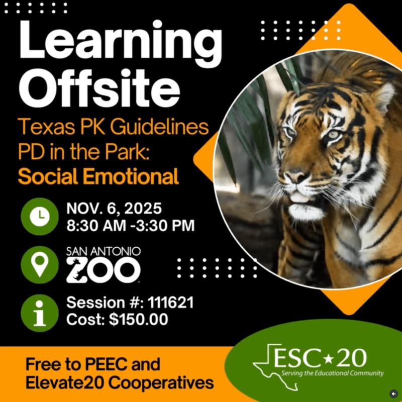 Learning Offsite-Texas PK Guidelines PD in the park: Social Emotional, November 6, Session #111621, Register now!