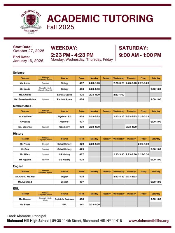 Fall Tutoring Schedule