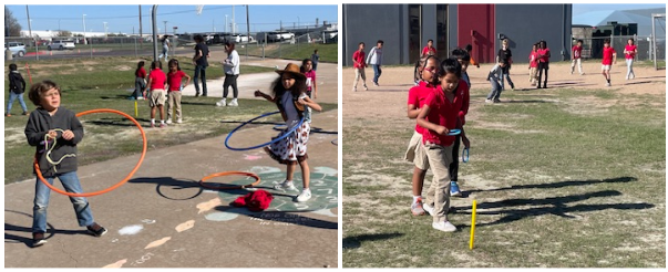 Kids play with hula hoops on playground