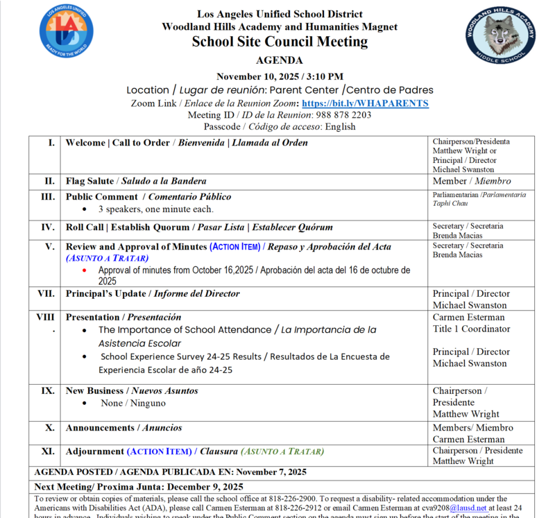 School Site Council Agenda - Monday, December 10 - 3:10 PM