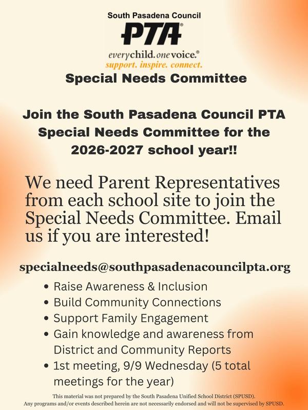 Join the South Pasadena Council PTA - Special Needs Committee Featured Photo