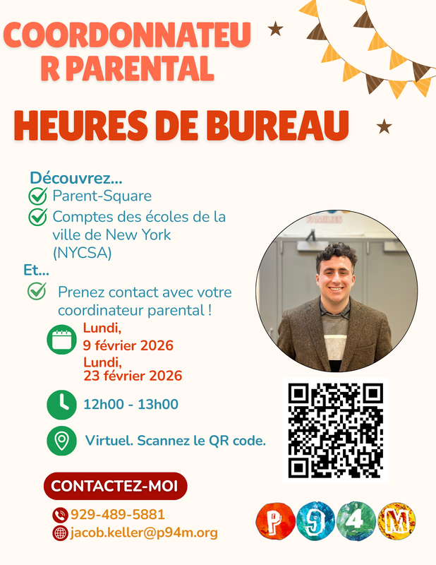 Flyer for a Parent Coordinator office Hours with QR to sign up - French