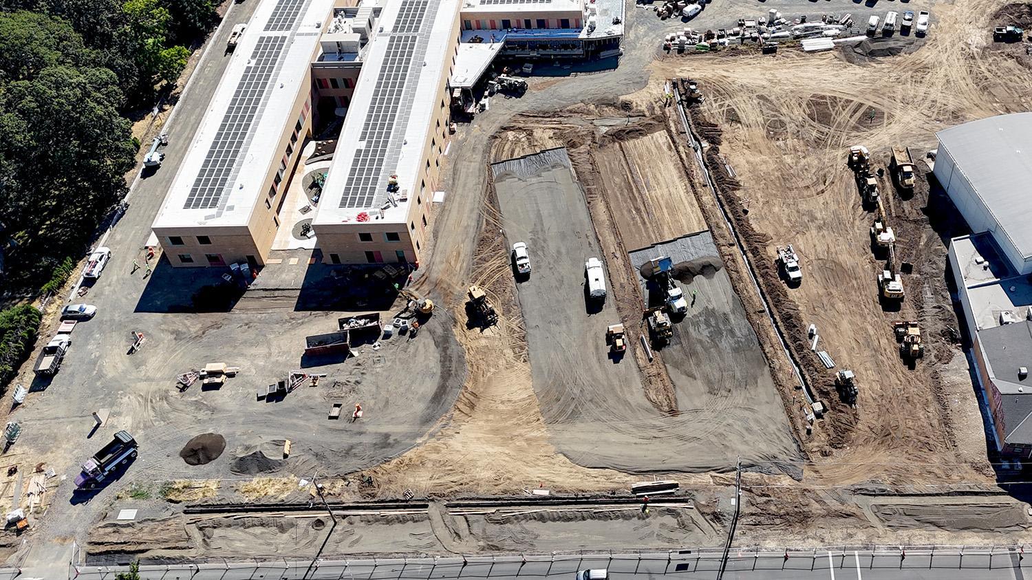 aerial view of drainage fabric and gravel in the parking lots