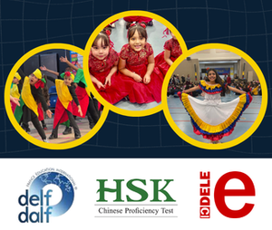 Circles filled with students from the three GVA villages with the logos for the three language tests