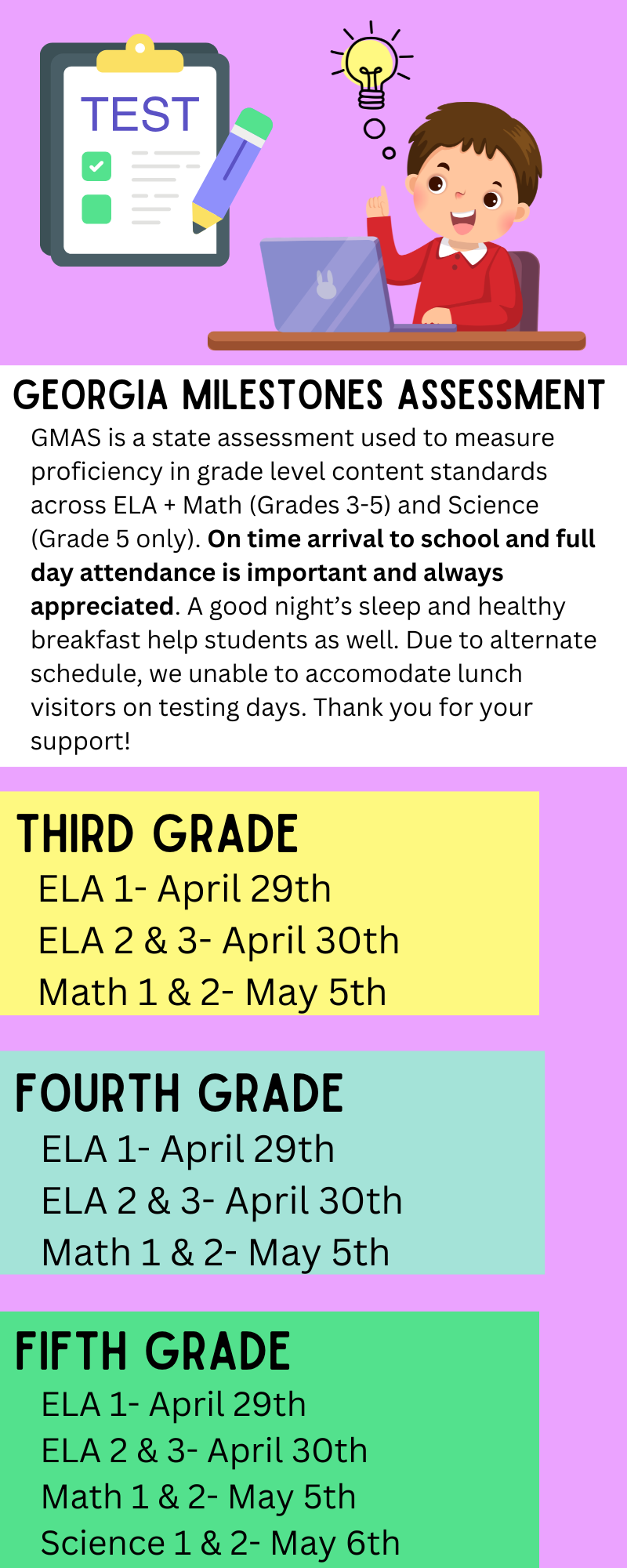 Schedule for Georgia Milestones Assessment with subject dates.
