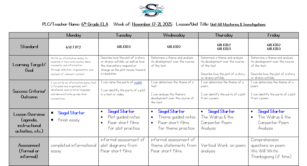 ELA Lesson Plans Nov 17 - 21