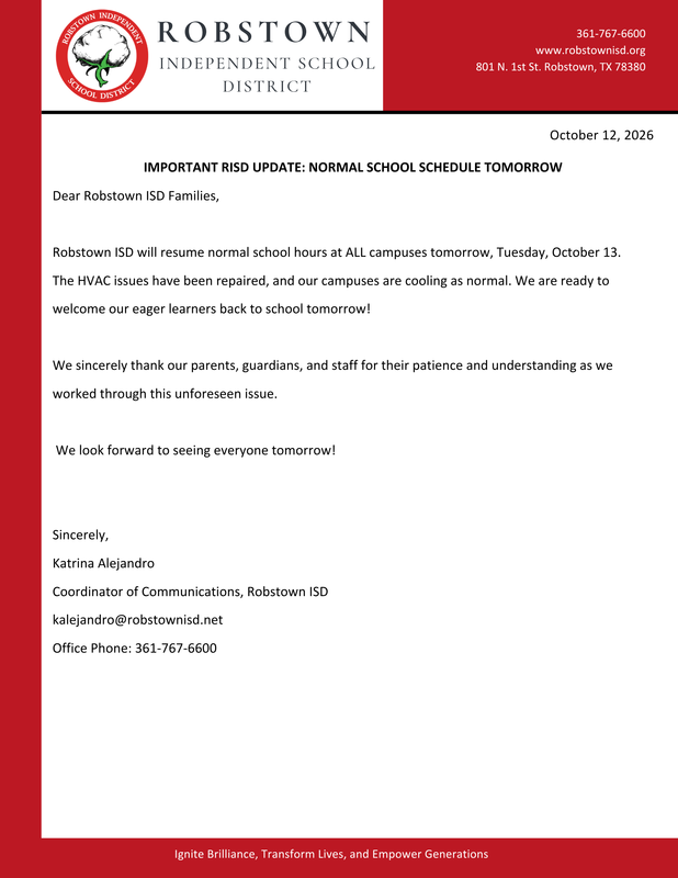Robstown ISD to Resume Normal School Schedule Tuesday, October 13 Featured Photo