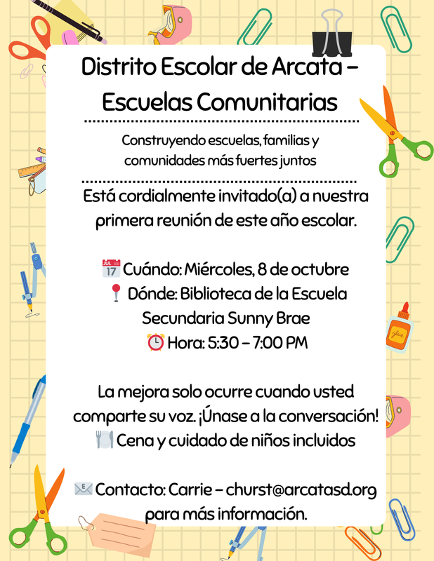 Flier for Community Schools meeting on October 8, 2025 (in Spanish)