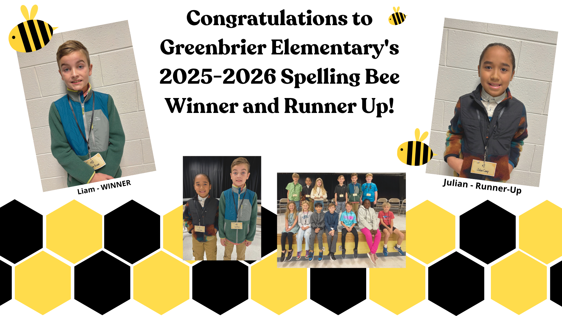 Congratulations banner with photos of Liam and Julian, spelling bee winner and runner up for GBE.