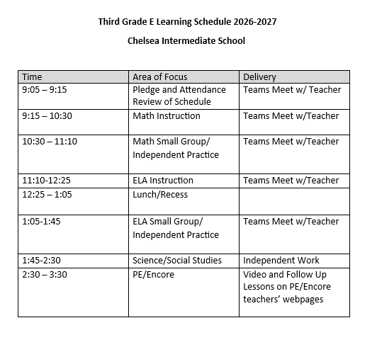 Schedule for third grade E-learning at Chelsea Intermediate School.