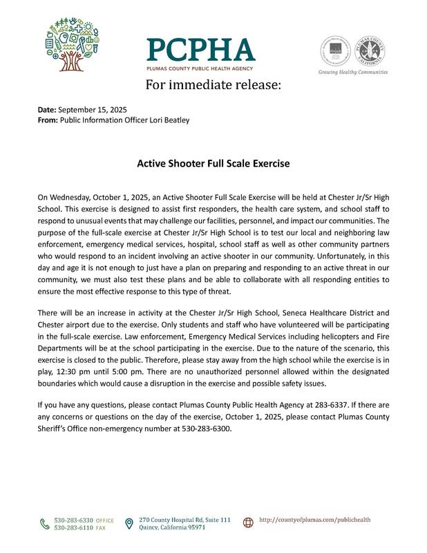On Wed. Oct. 1, 2025, a full-scale active shooter exercise will be held at Chester Jr/Sr High School. There will be an increase in activity at the Chester Jr/Sr High School, Seneca Healthcare District, and Chester Airport due to the exercise. Due to the nature of this scenario, this exercise is closed to the public. Please stay away from the high school on Oct. 1 between 12:30 pm until 5 pm.