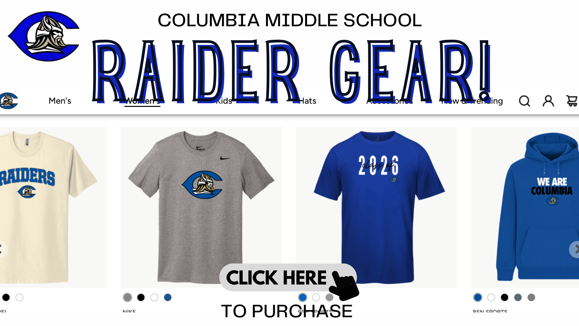 Promotional webpage for Columbia Middle School Raider gear with apparel display.