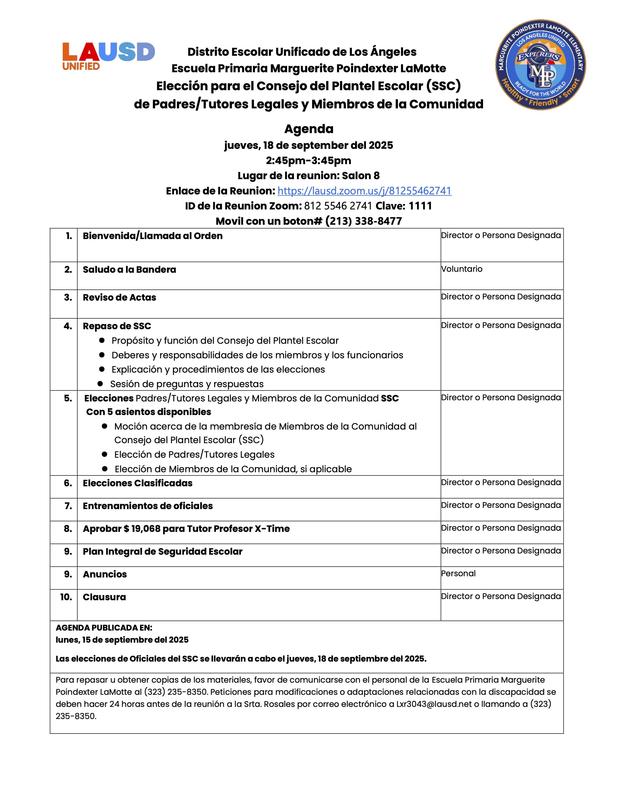 SSC de Padres/Tutores Legales y Miembros de la Comunidad Agenda