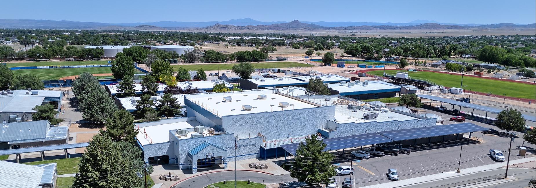 aerial view of the high school campus and fields
