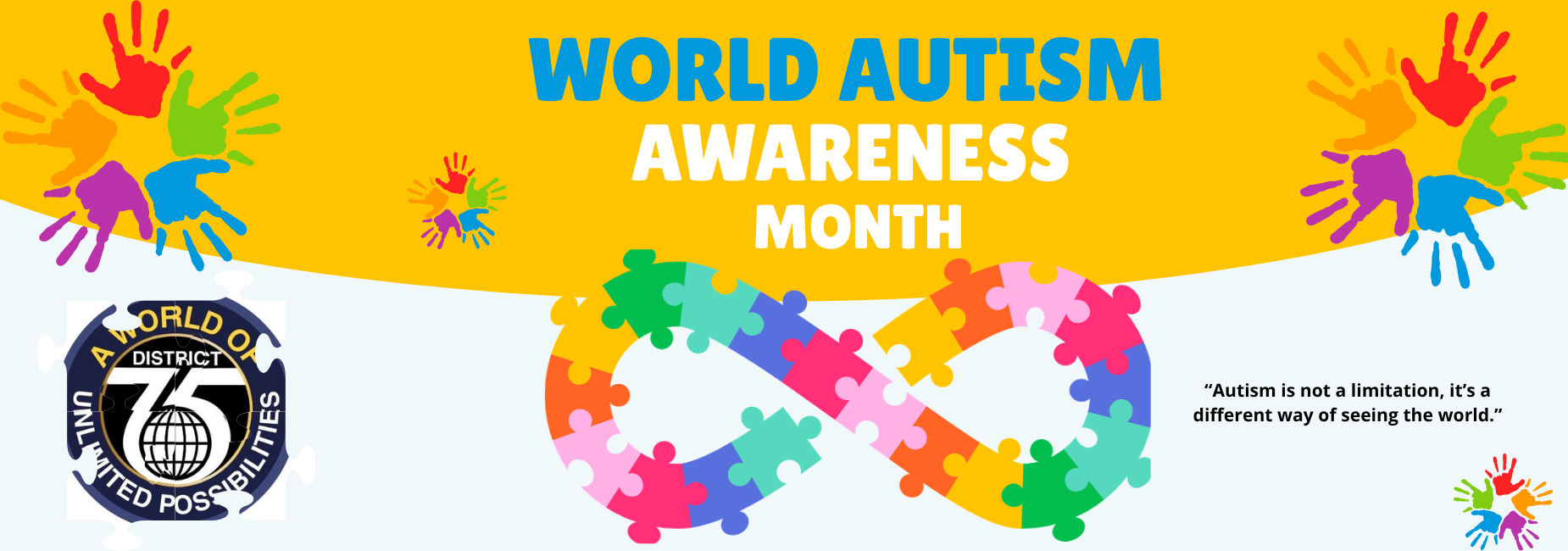 Colorful design for World Autism Awareness Month with hands and puzzle pieces.