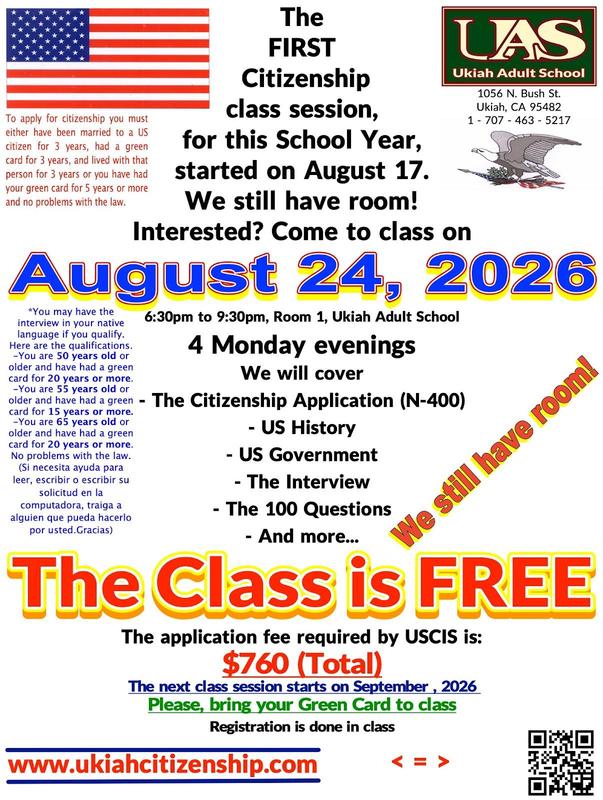 Citizenship class started on August 17. We still have room! Interested? Come to class on August 24 at 6:30pm poster
