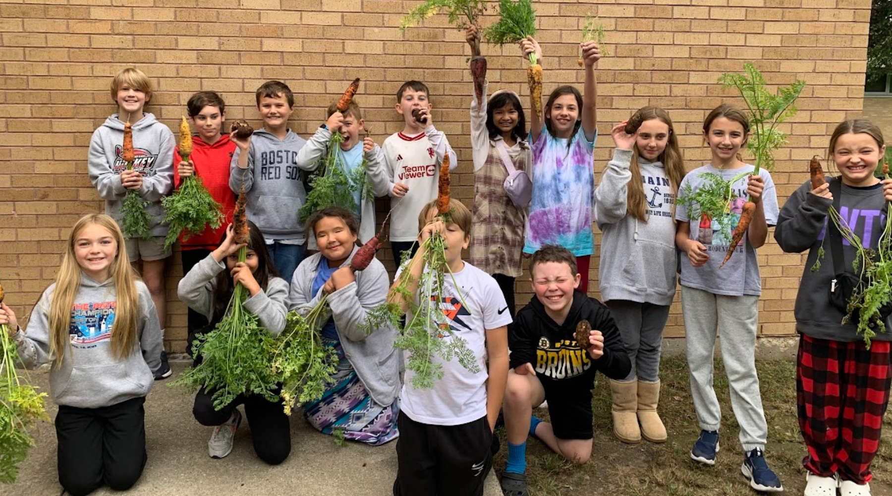 Students holding harvested carrots in front of a brick wall.