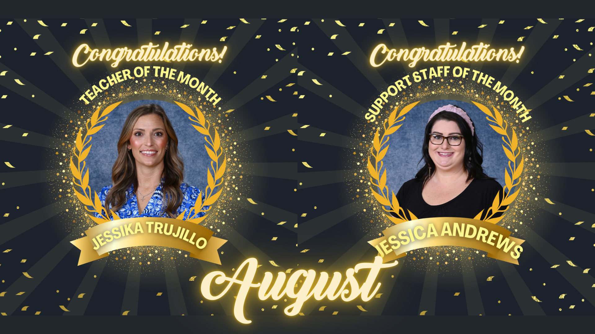 Two women, each with a gold laurel, celebrate August as Teacher and Support Staff of the Month.