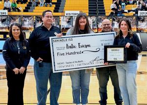 Katie Ericson Accepting her Teacher of the Month Award with Dr. Sylvia Suarez, Jeff Patterson, Abi Adam, and Richard Rosales