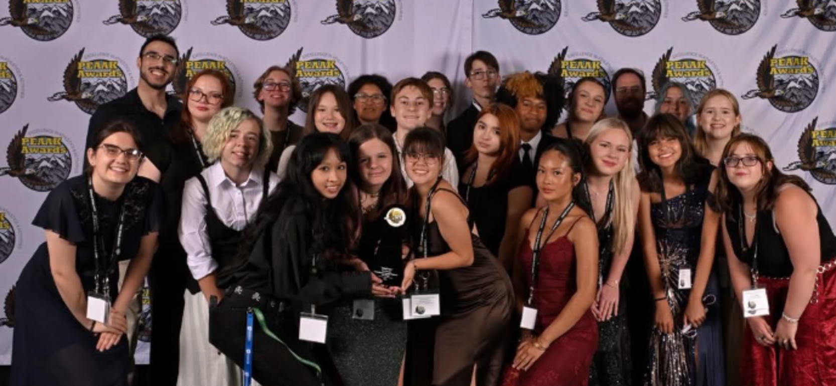 A large group of people posing together at an awards ceremony.