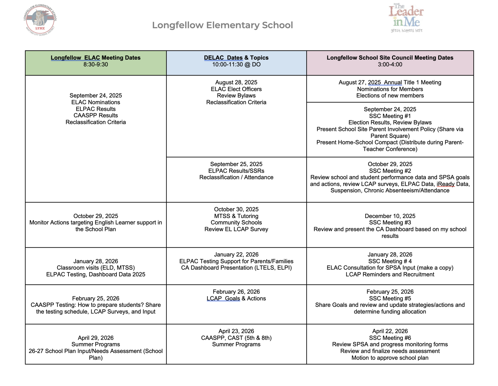 meeting schedule