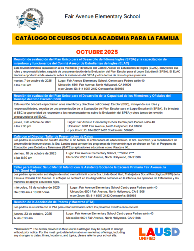 Catálogo de cursos de la Academia Familiar de octubre