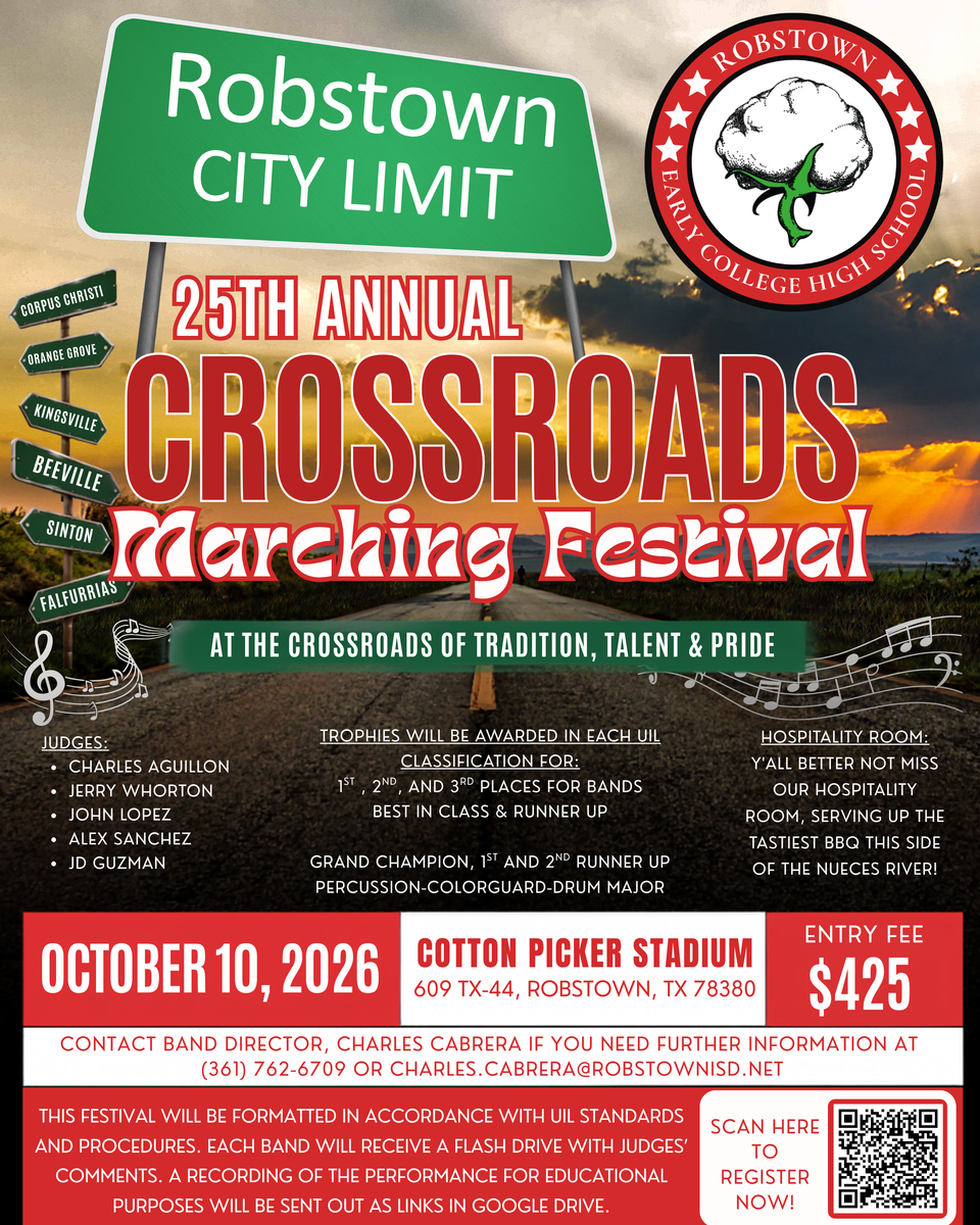 Banner announcing the 25th Annual Crossroads Marching Festival in Robstown.