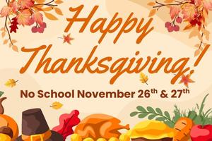 happy thanksgiving graphic with leaves, pilgrim hat, and turkey