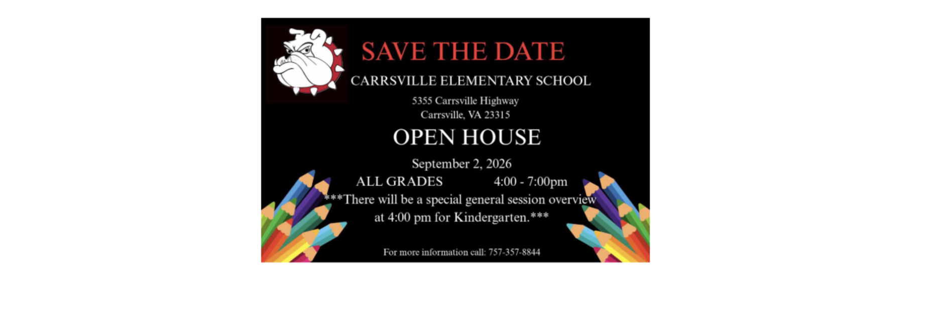 Announcement for an open house at Carrsville Elementary School with details.