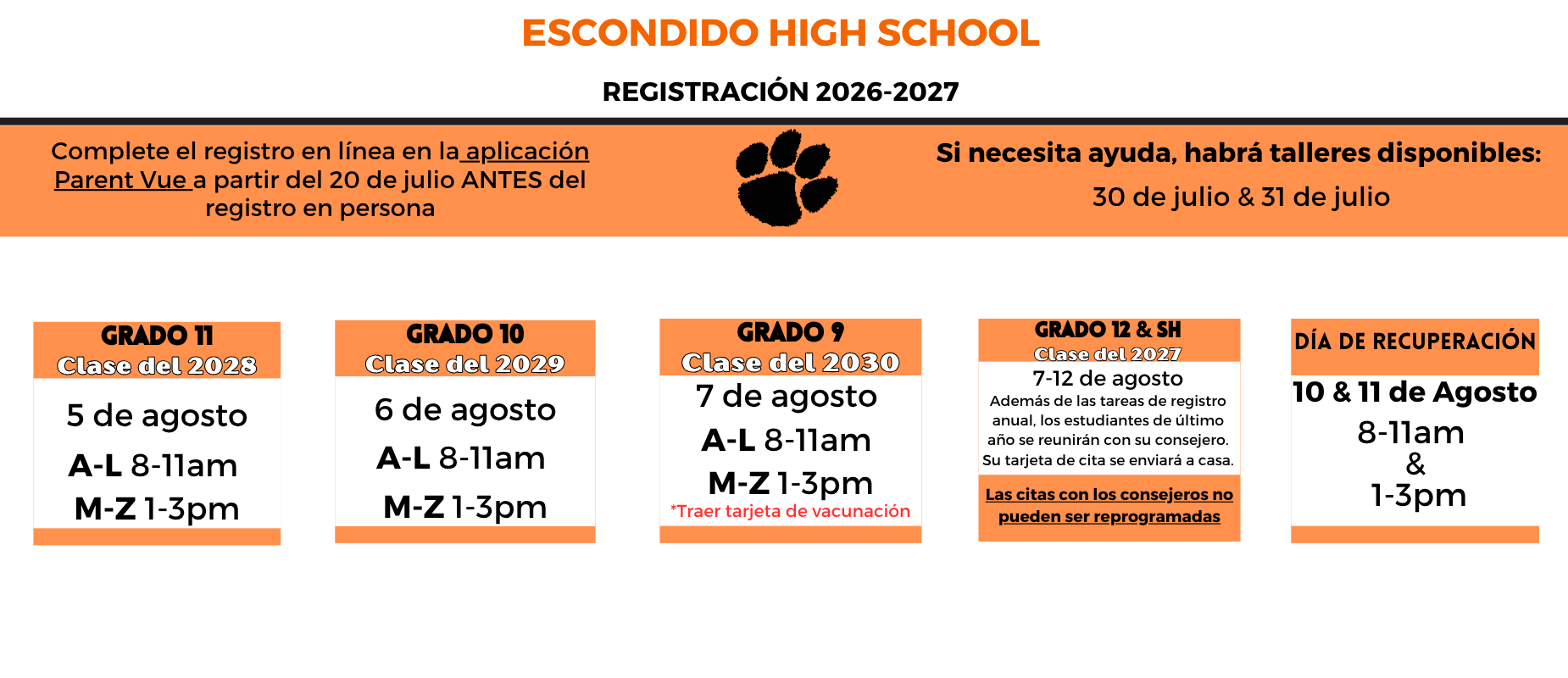 Schedule for Escondido High School registration with dates and times.