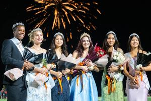 The 2025 SPHS Homecoming Court was honored on Friday, October 17 at the Homecoming Football Game. Left to right: Liam Painter (9th grade), Clare Vitt (11th Grade), Lizzie Chung (12th grade), Leila Wahbe (12th grade - Most Royal Tiger), Belle Huang (12th grade) and Kayla Yau (10th grade). (Photo Courtesy of Emiko Essmiller)